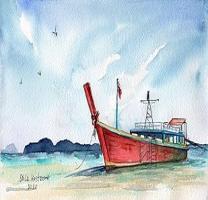 Red Boat original watercolor Gala Kostroma landscape painting  - Compare price